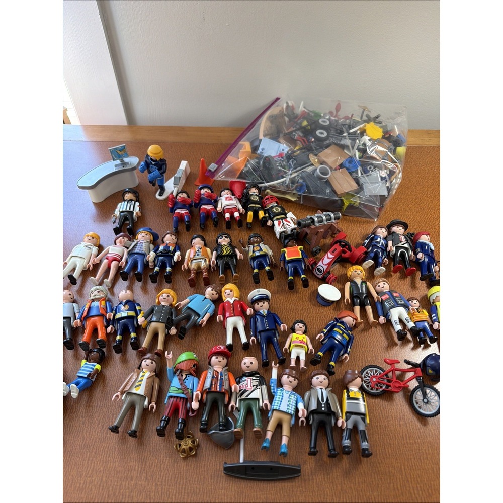 Playmobil Huge Lot 40+ Figures Bicycle, Weapons Accessories Large Bag EUC